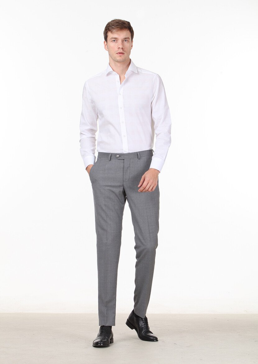 Gri Mikro Kumaş Modern Fit Klasik %100 Yün Pantolon - 2