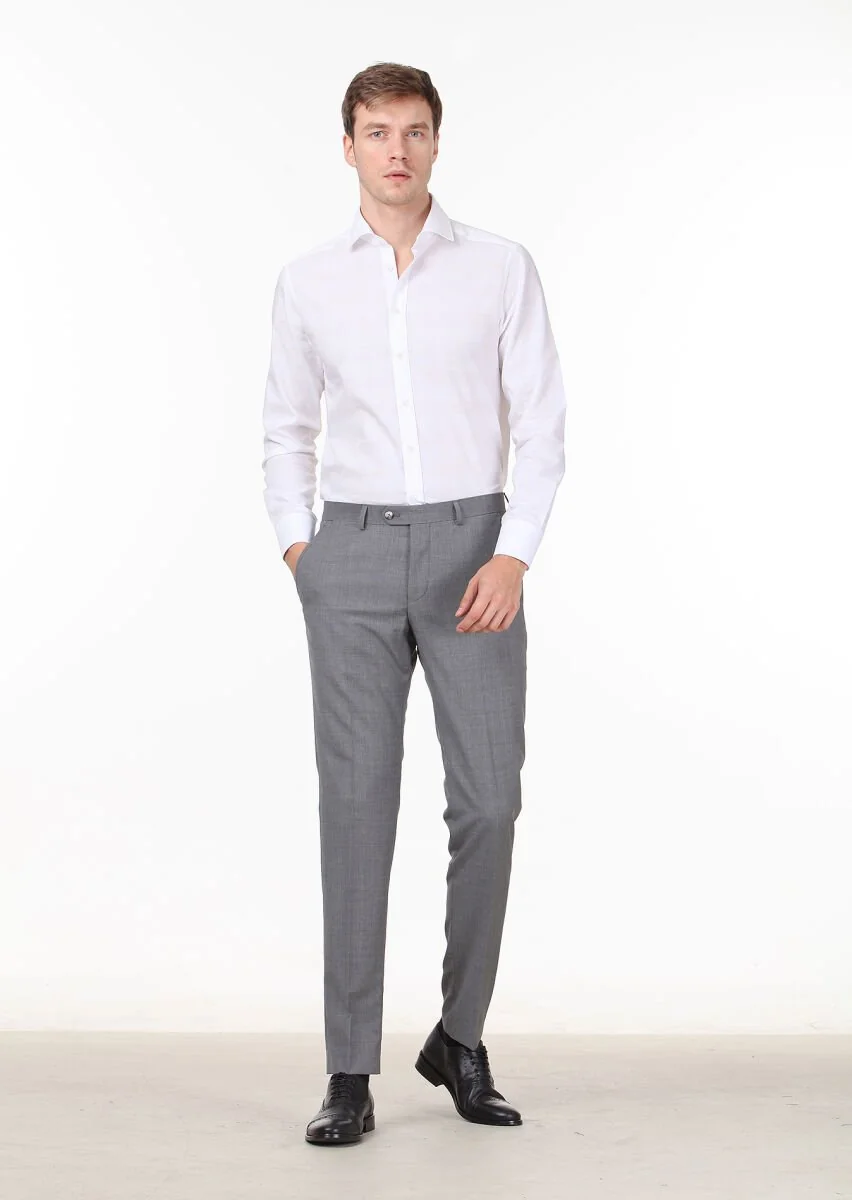 Gri Mikro Kumaş Modern Fit Klasik %100 Yün Pantolon - 2