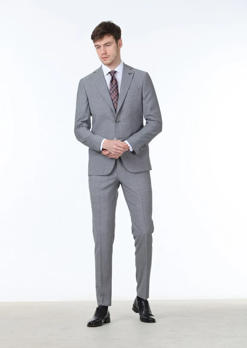Gri Mikro Modern Fit %100 Yün Takım Elbise - 2