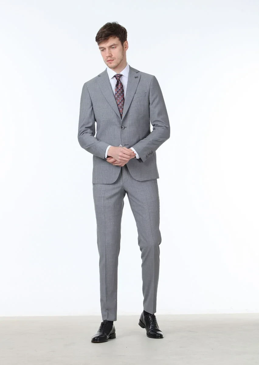 Gri Mikro Modern Fit %100 Yün Takım Elbise - 2