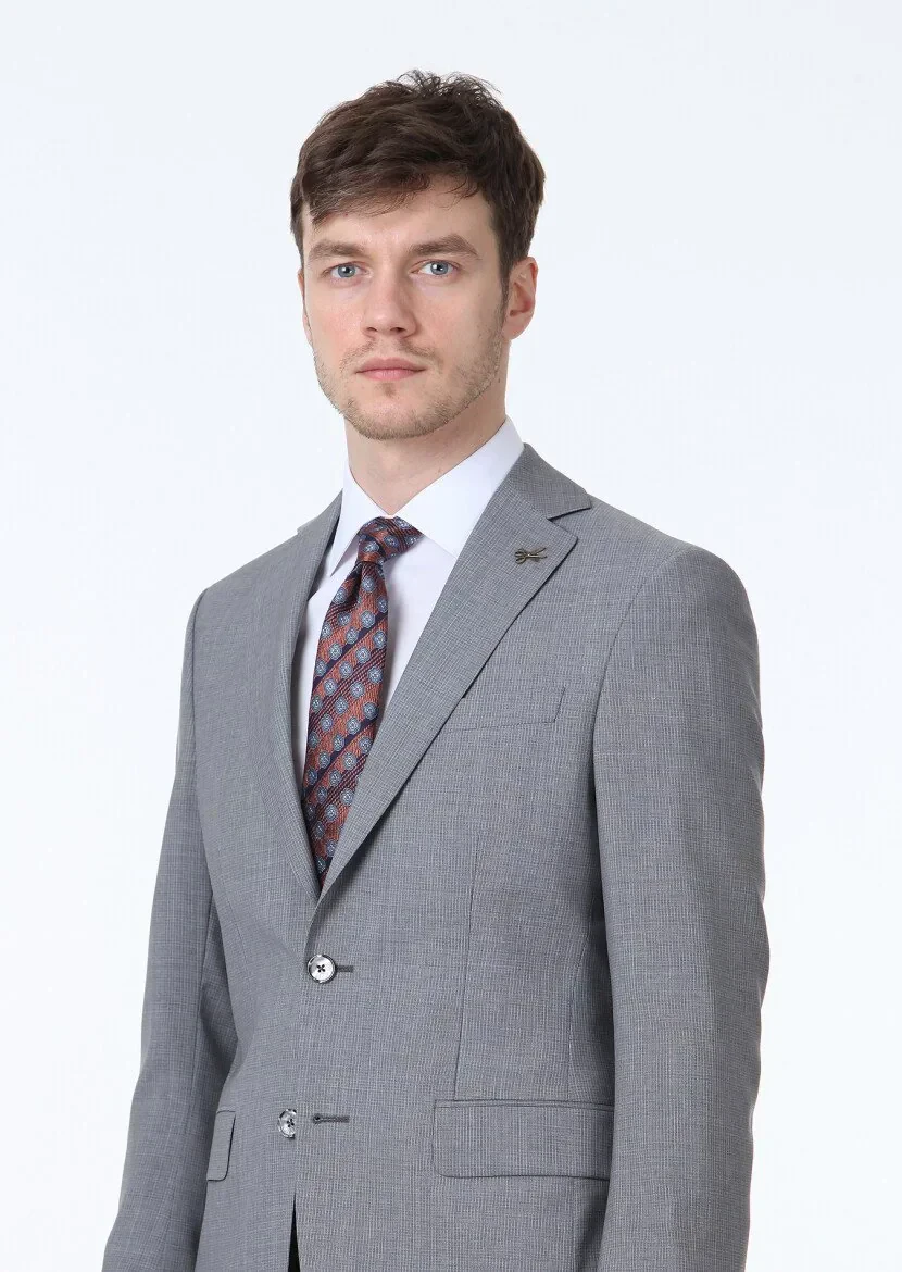 Gri Mikro Modern Fit %100 Yün Takım Elbise - 3