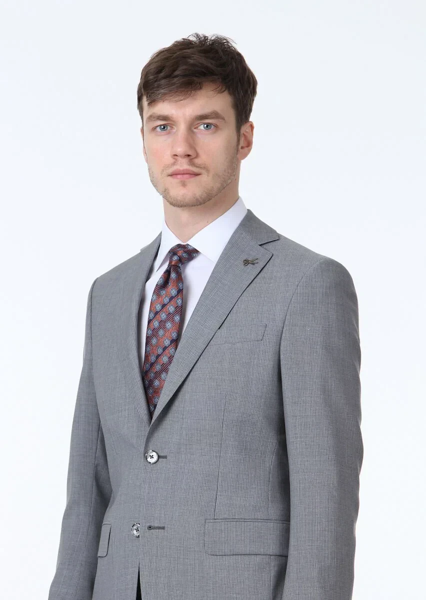 Gri Mikro Modern Fit %100 Yün Takım Elbise - 3