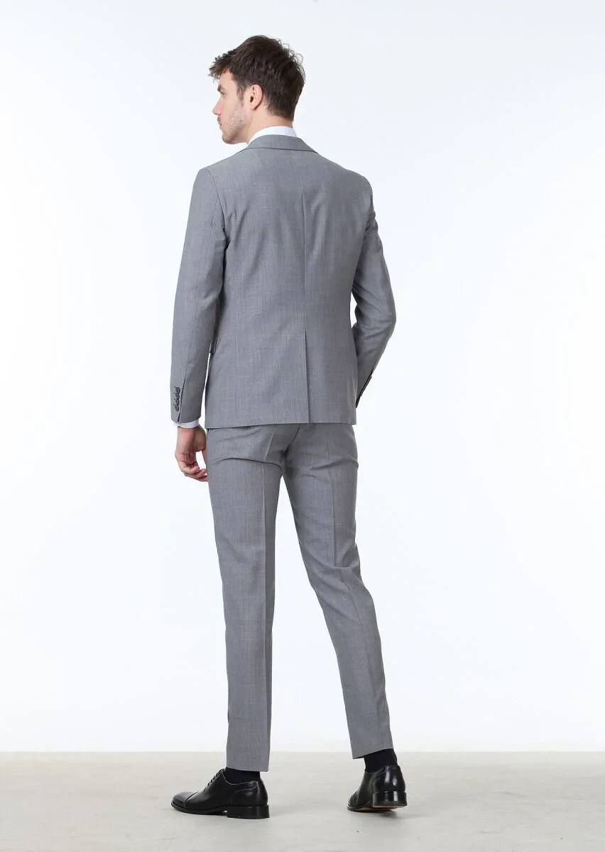 Gri Mikro Modern Fit %100 Yün Takım Elbise - 4