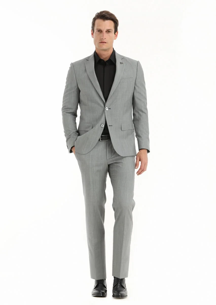 Gri Mikro Modern Fit %100 Yün Takım Elbise - 1