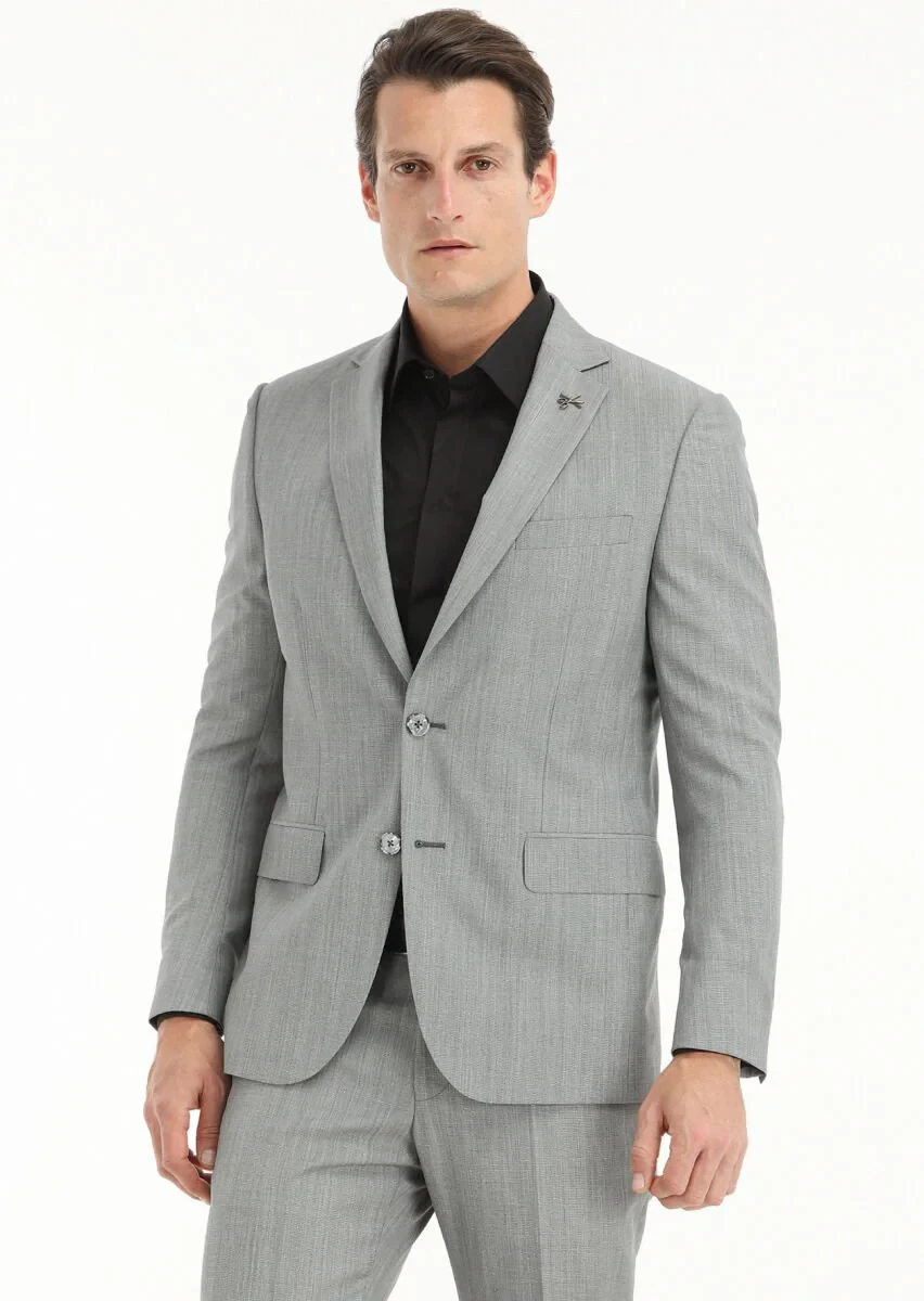 Gri Mikro Modern Fit %100 Yün Takım Elbise - 3