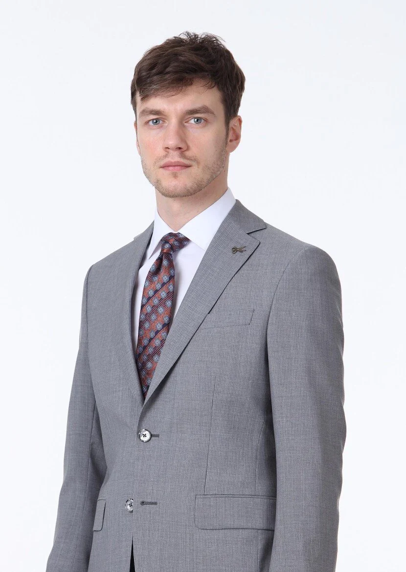 Gri Mikro Regular Fit %100 Yün Takım Elbise - 3