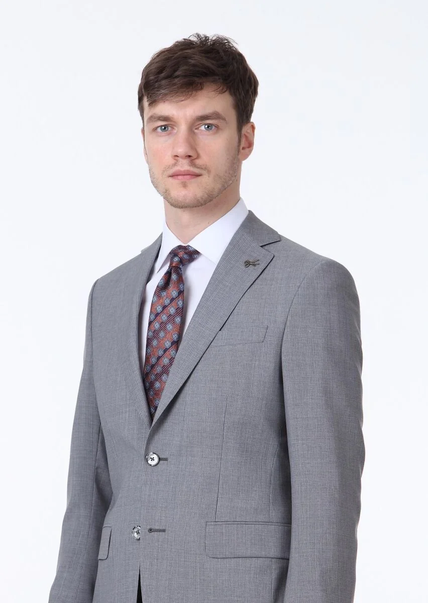 Gri Mikro Regular Fit %100 Yün Takım Elbise - 3