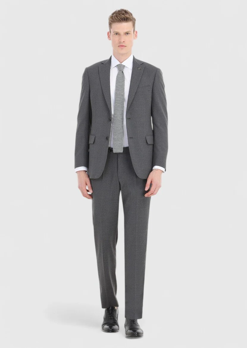 Gri Mikro Regular Fit %100 Yün Takım Elbise - 1