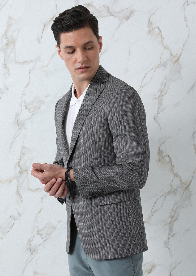 Gri Mikro Regular Fit İpek Karışımlı Ceket - 1