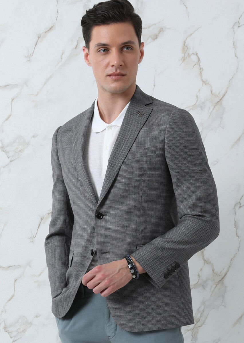 Gri Mikro Regular Fit İpek Karışımlı Ceket - 2