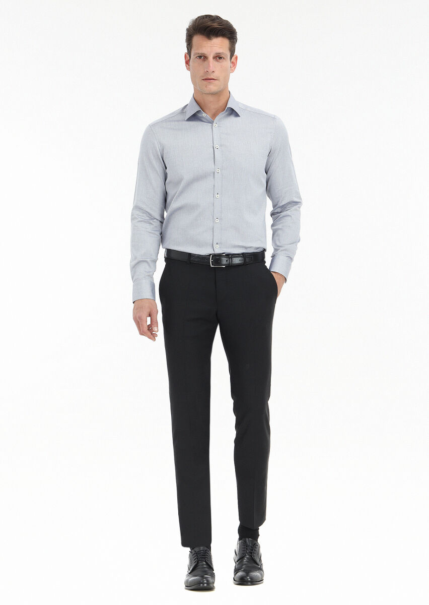 Gri Mikro Regular Fit Uzun Dokuma Klasik %100 Pamuk Gömlek - 1