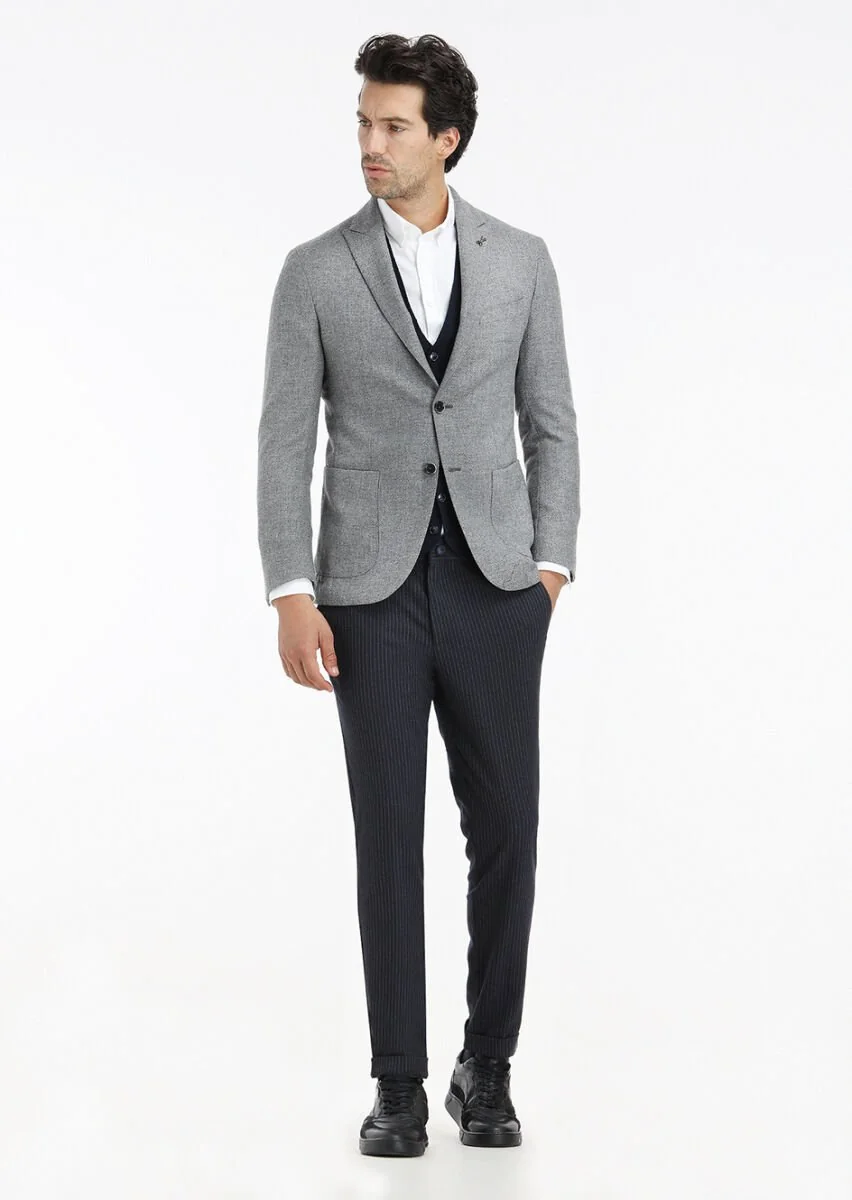 Gri Mikro Shirt Shoulder Slim Fit Yün Karışımlı Ceket - 1