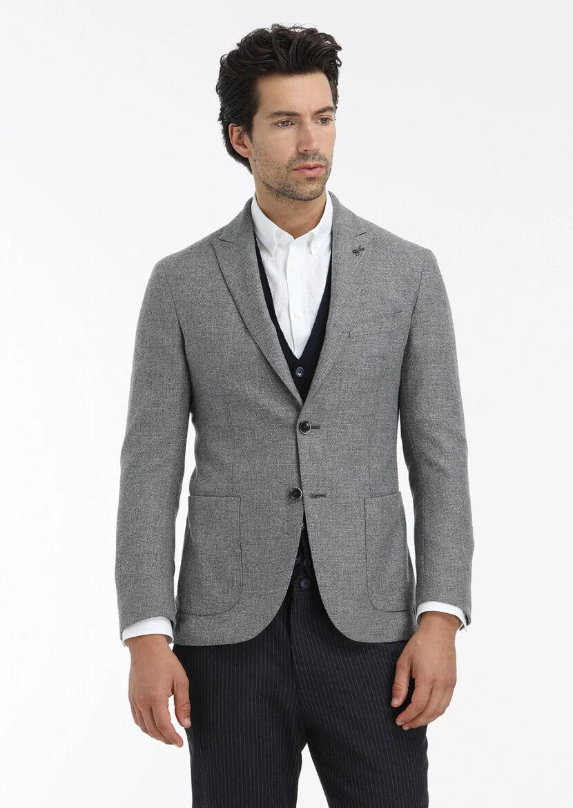 Gri Mikro Shirt Shoulder Slim Fit Yün Karışımlı Ceket - 2