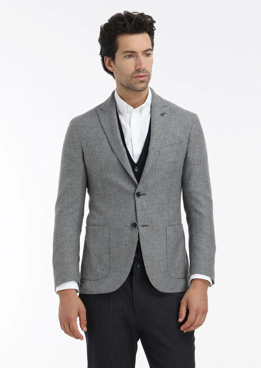 Gri Mikro Shirt Shoulder Slim Fit Yün Karışımlı Ceket - 2