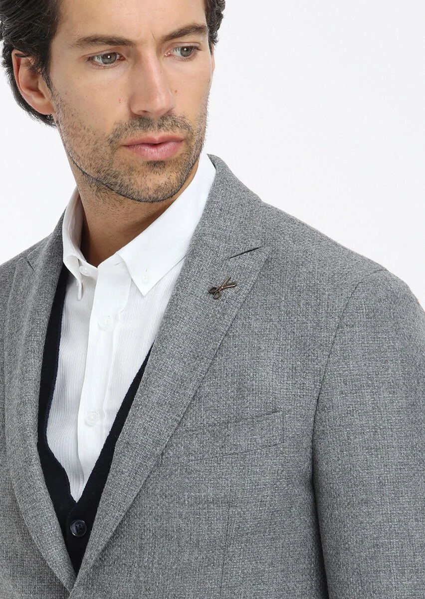 Gri Mikro Shirt Shoulder Slim Fit Yün Karışımlı Ceket - 3