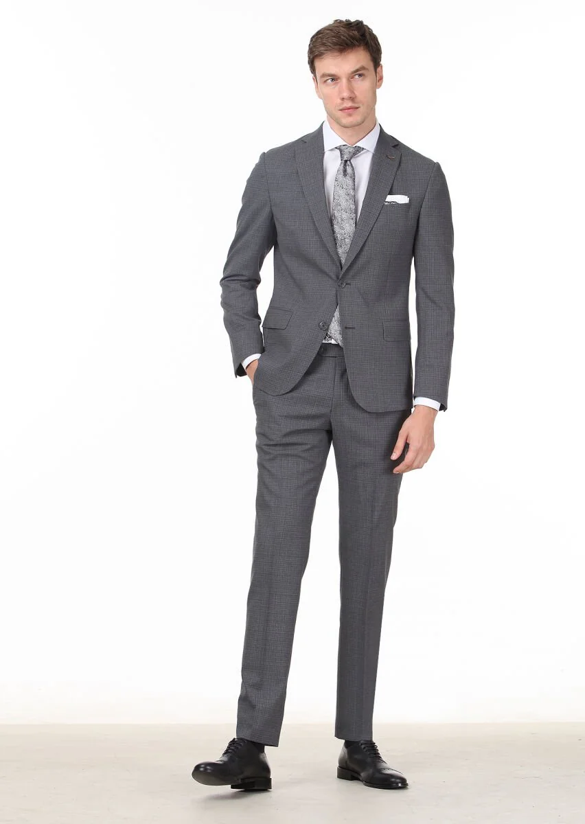 Gri Mikro Zeroweight Slim Fit %100 Yün Takım Elbise - 3
