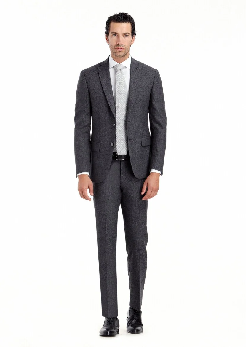 Gri Mikro Zeroweight Slim Fit %100 Yün Takım Elbise - 1