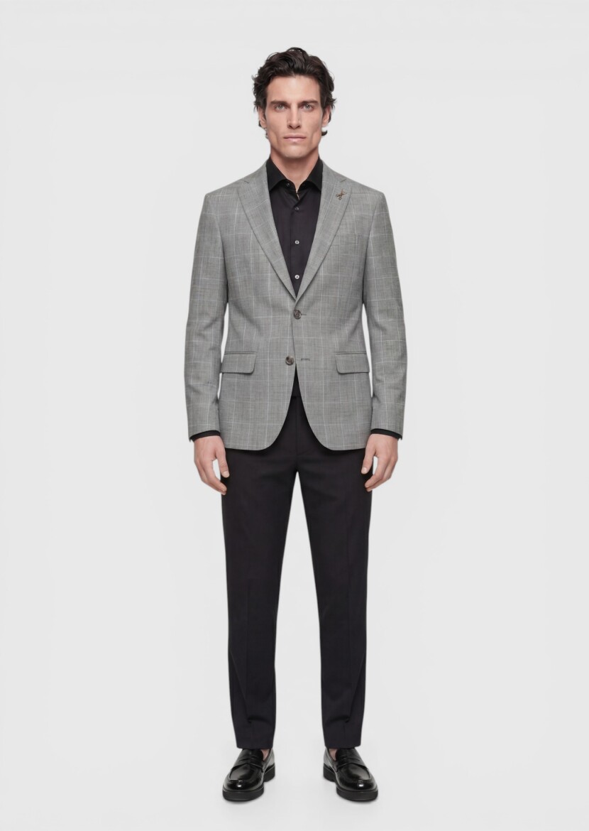 Gri Modern Fit İpek Karışımlı Ceket - 4