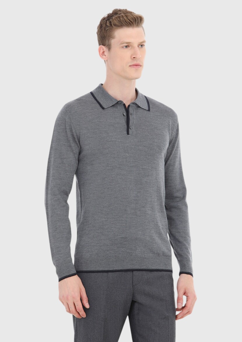 Gri Polo Yaka Düz Örgü %100 Yün Triko Kazak - 2