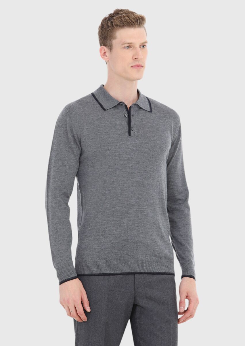 Gri Polo Yaka Düz Örgü %100 Yün Triko Kazak - 2