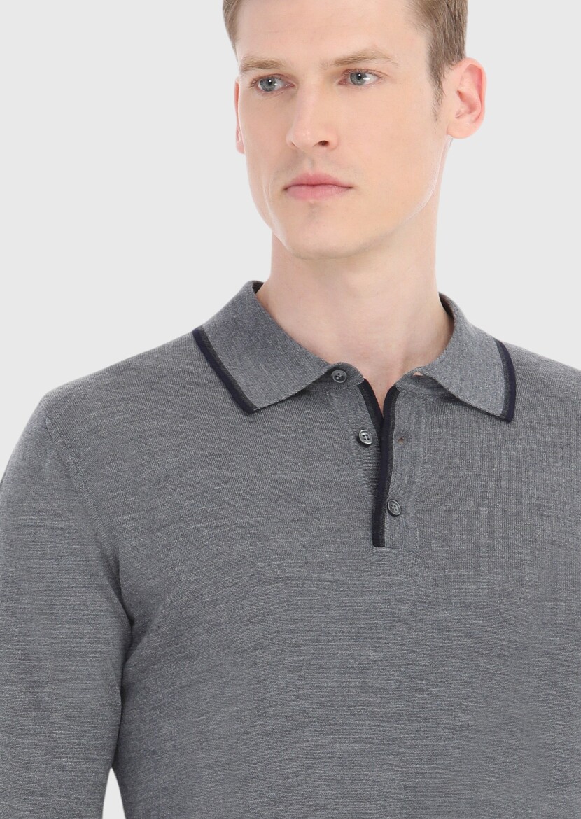 Gri Polo Yaka Düz Örgü %100 Yün Triko Kazak - 3
