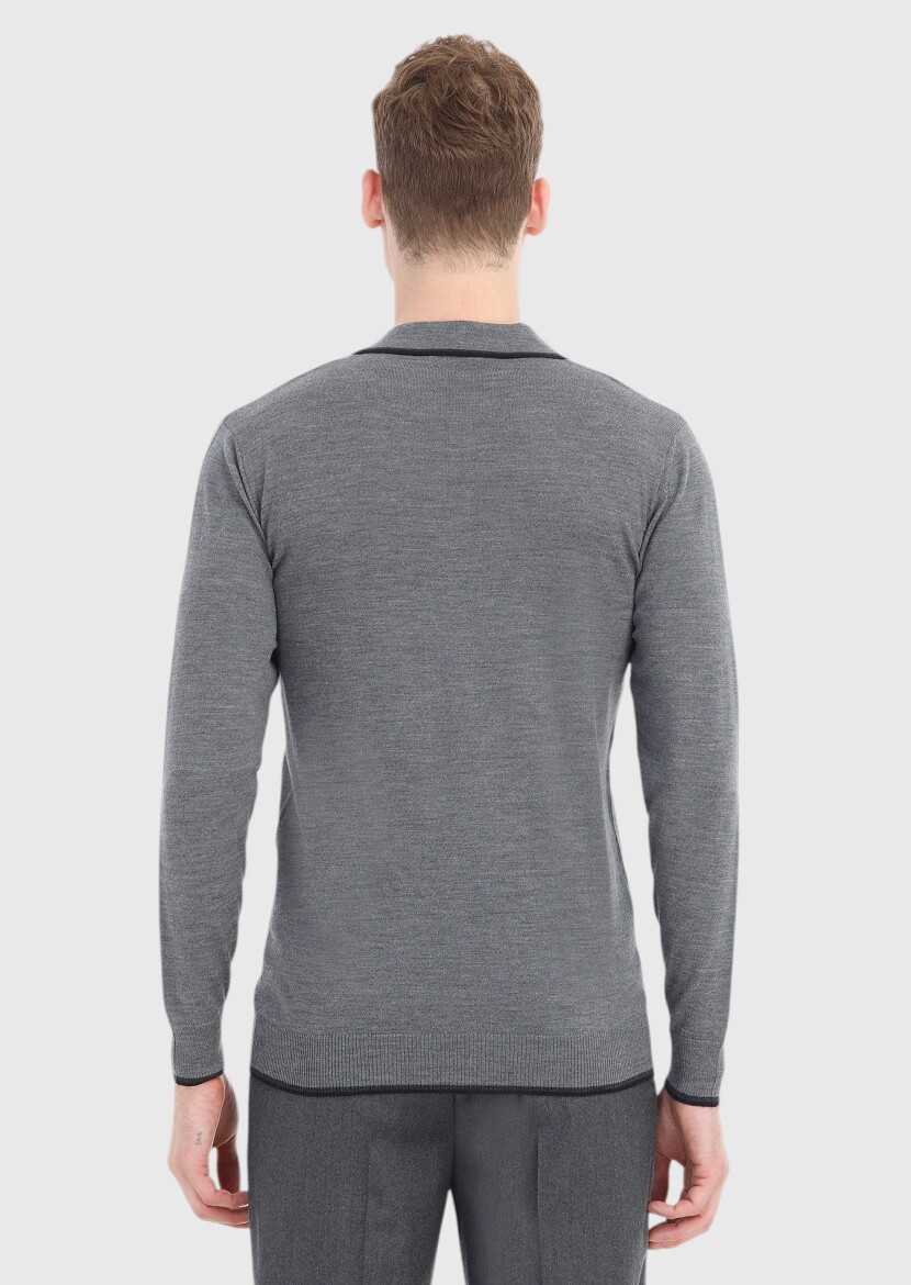 Gri Polo Yaka Düz Örgü %100 Yün Triko Kazak - 4