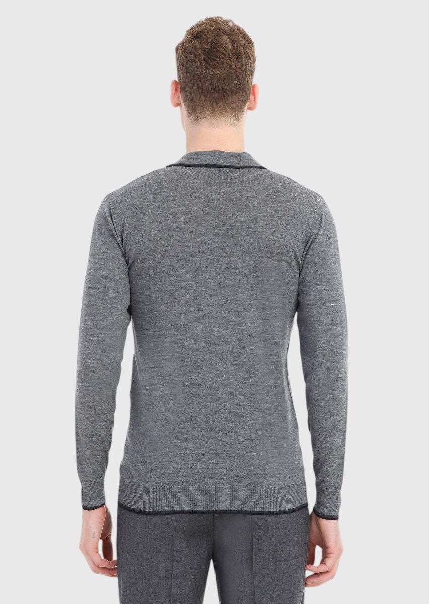 Gri Polo Yaka Düz Örgü %100 Yün Triko Kazak - 4