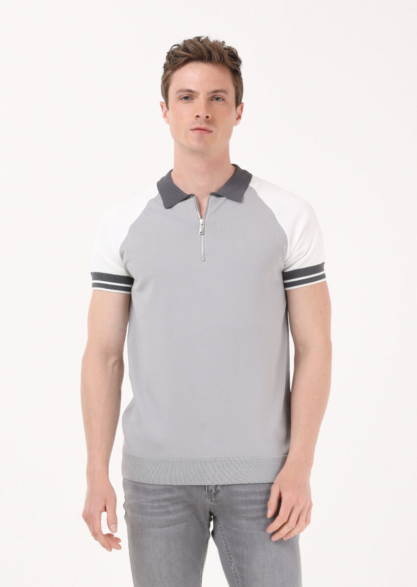 Gri Polo Yaka Düz Örgü Triko - 1
