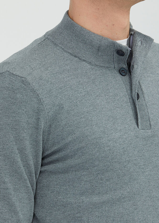 Gri Polo Yaka Düz Örgü Triko Kazak - 3