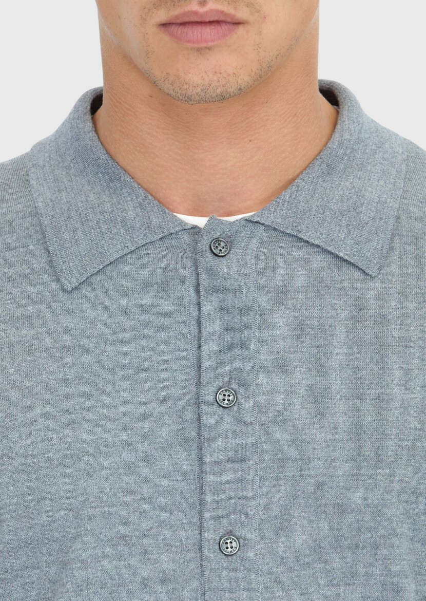 Gri Polo Yaka Düz Örgü Yün Karışımlı Hırka - 5