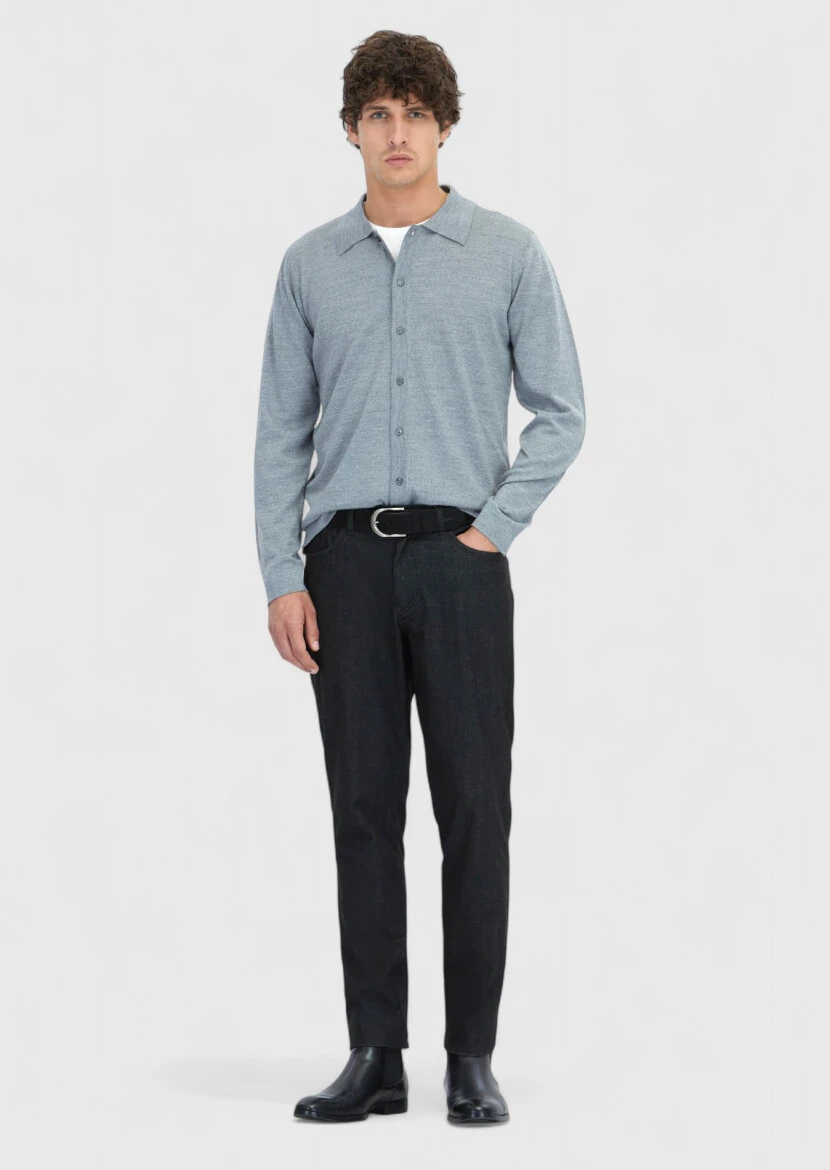 Gri Polo Yaka Düz Örgü Yün Karışımlı Hırka - RAMSEY