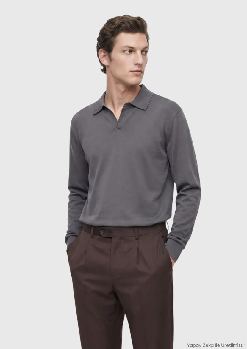 Gri Polo Yaka Düz Sweatshırt 