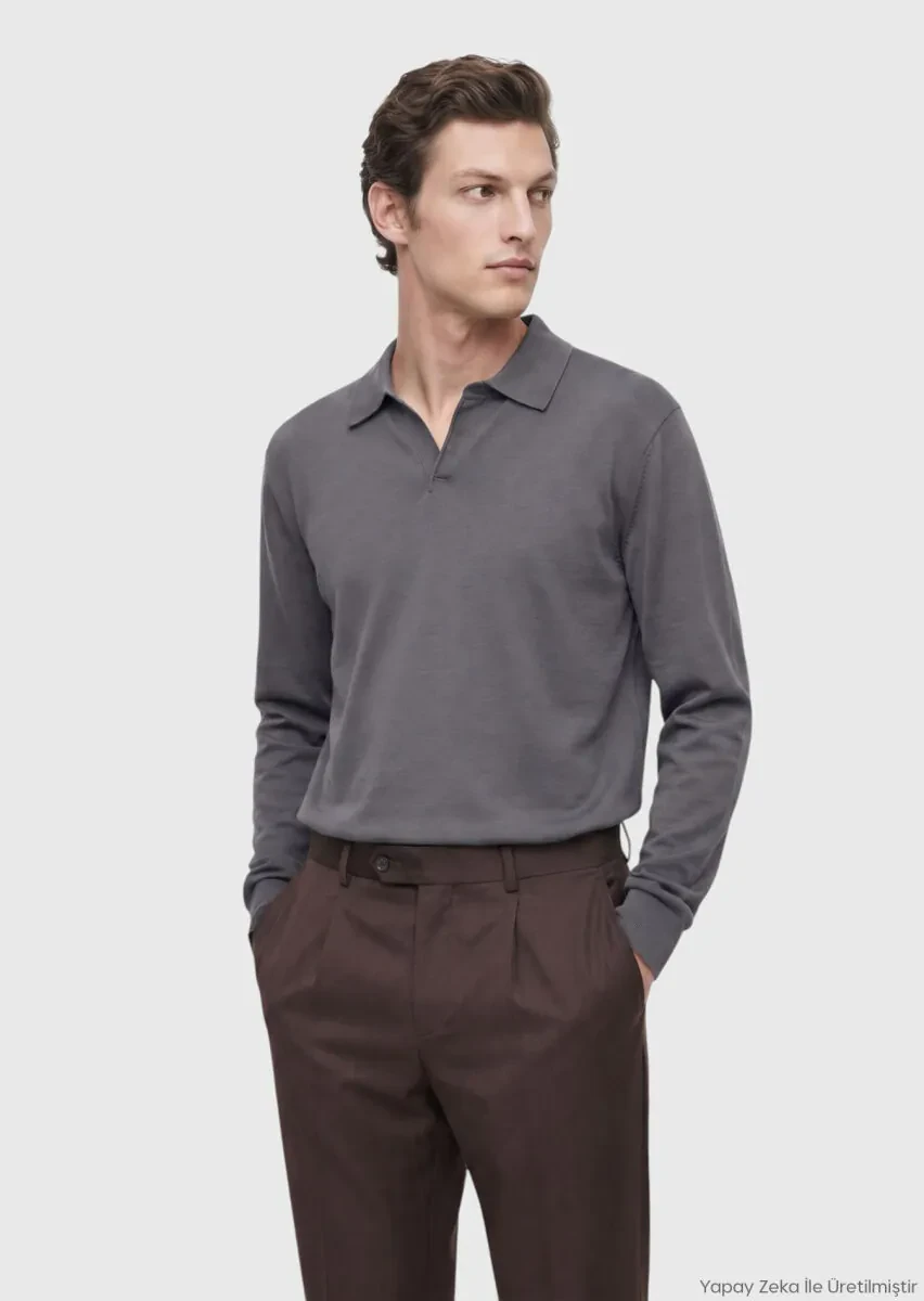 RAMSEY Gri Polo Yaka Düz Sweatshırt
