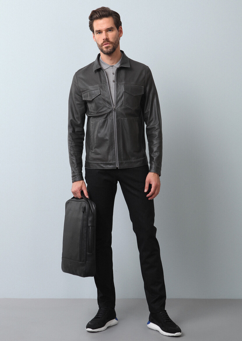 Gri Regular Fit Deri Ceket - 1
