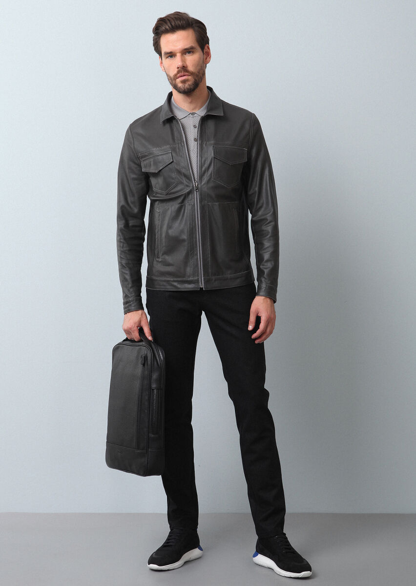 Gri Regular Fit Deri Ceket - 1
