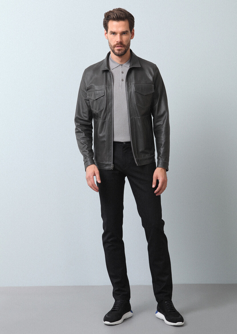 Gri Regular Fit Deri Ceket - 3
