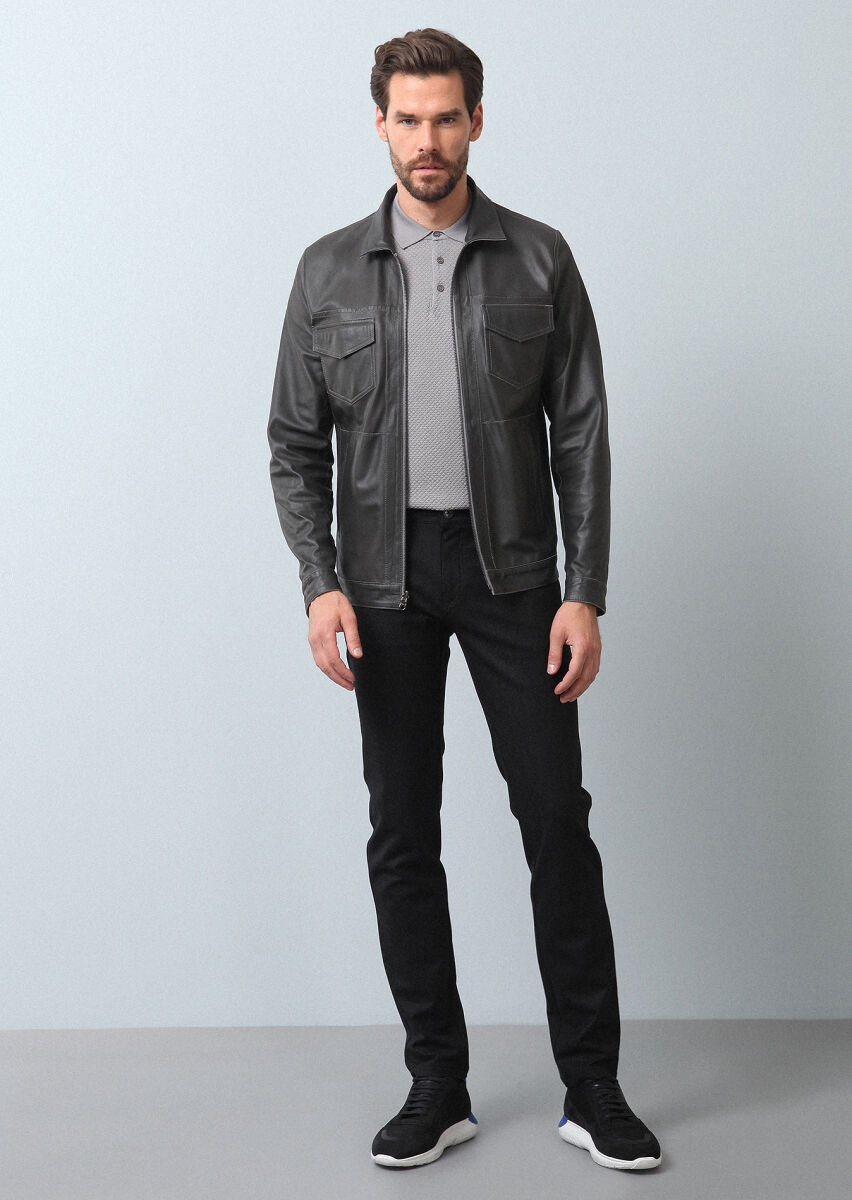 Gri Regular Fit Deri Ceket - 3