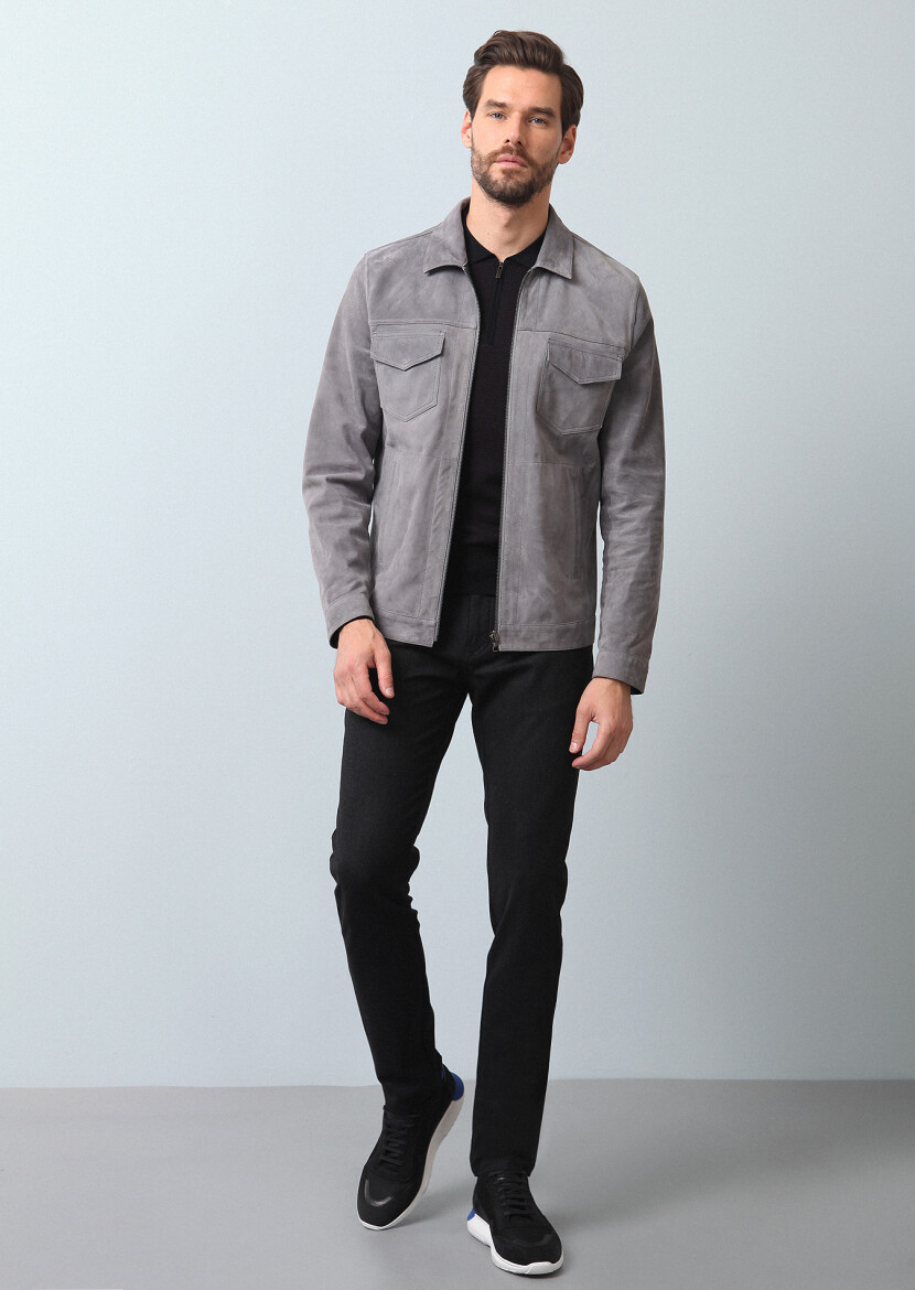 Gri Regular Fit Deri Ceket - 4