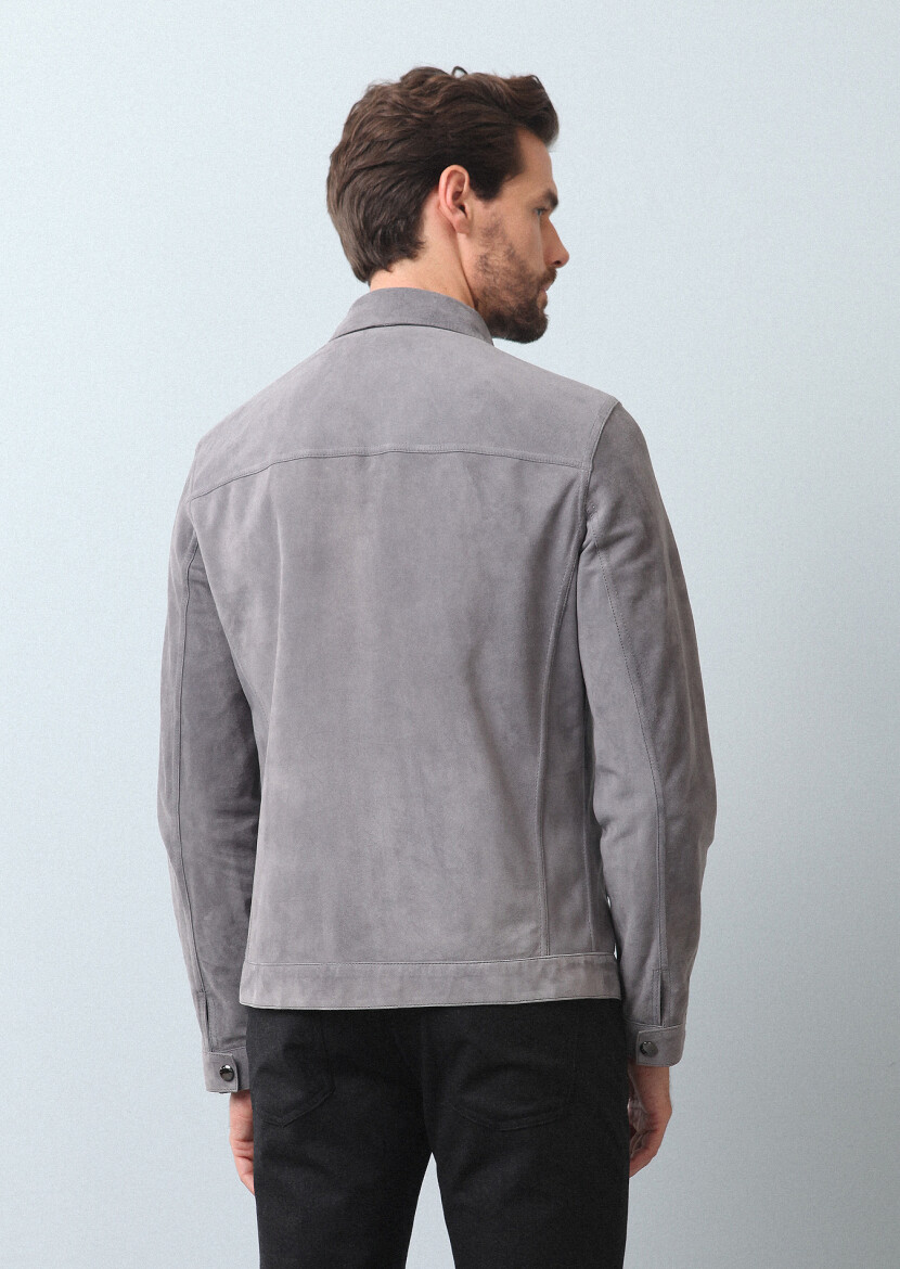Gri Regular Fit Deri Ceket - 5