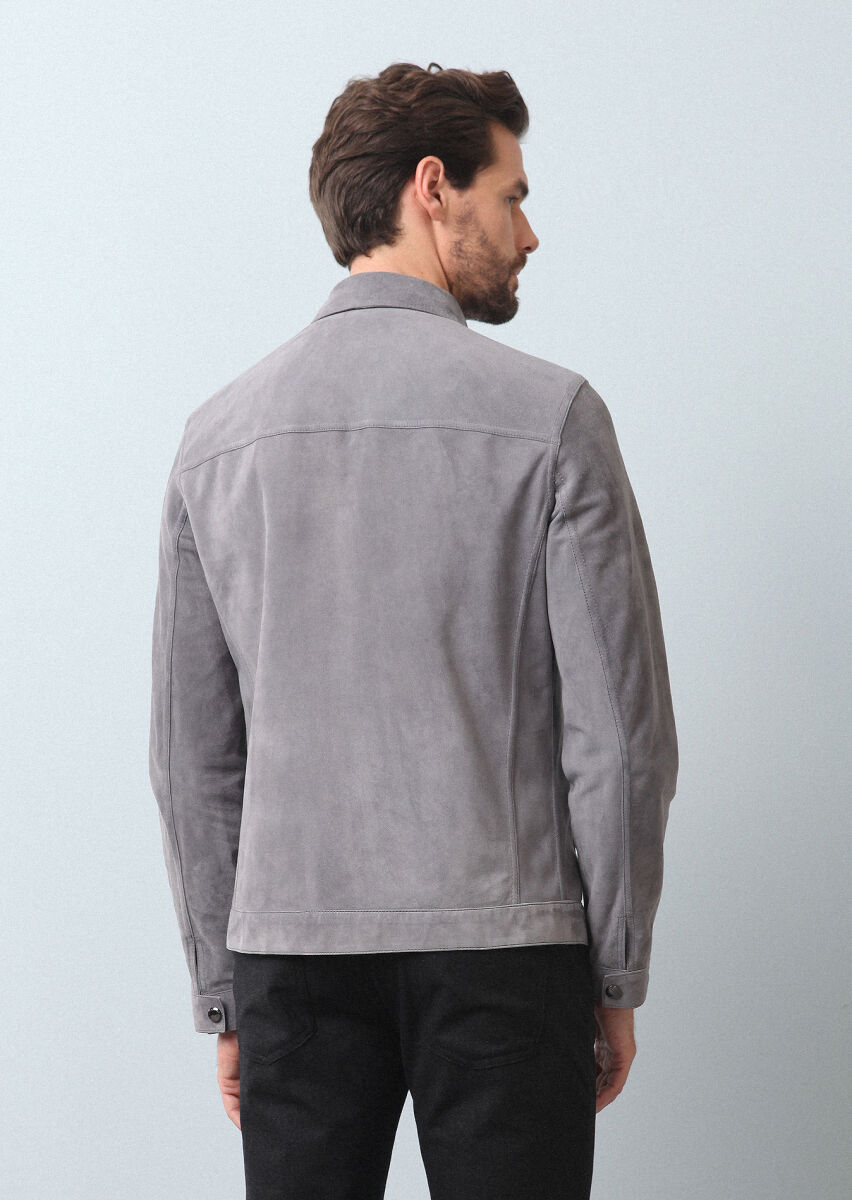 Gri Regular Fit Deri Ceket - 5