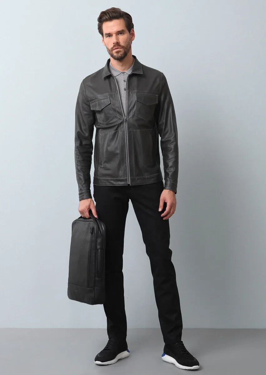 Gri Regular Fit Derı Ceket - 1