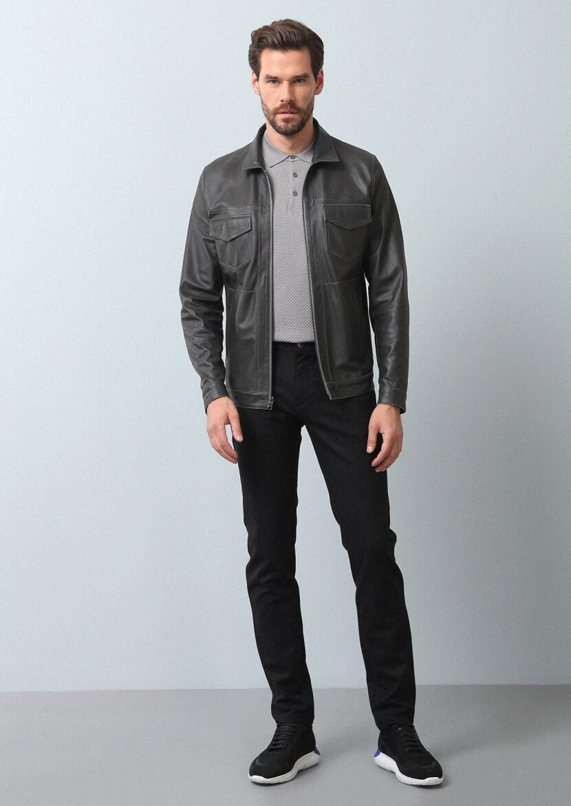 Gri Regular Fit Derı Ceket - 3