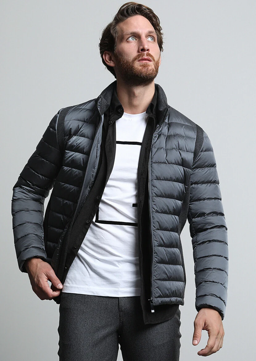 Gri Regular Fit Dik Yaka Casual Dokuma Mont 