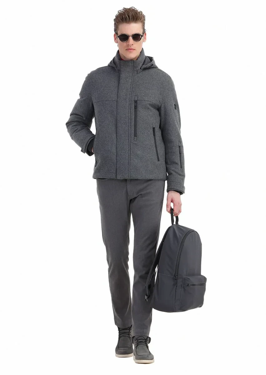 Gri Regular Fit Dik Yaka Casual Dokuma Mont - 4