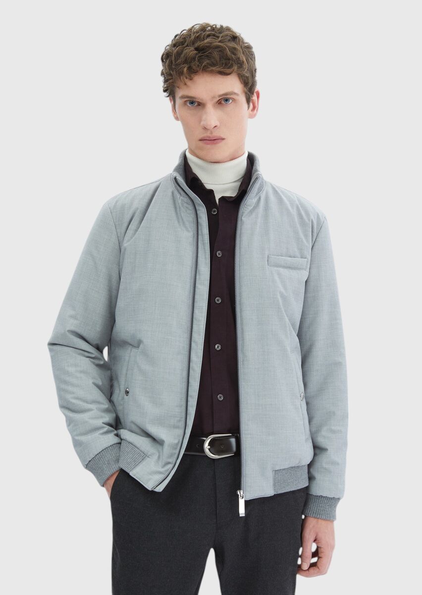 Gri Regular Fit Dik Yaka Casual Dokuma Mont - 1