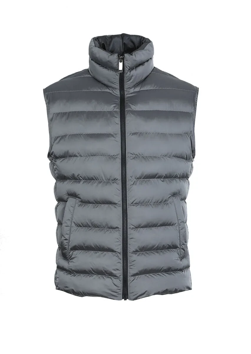 Gri Regular Fit Dik Yaka Casual Dokuma Spor Yelek - 6