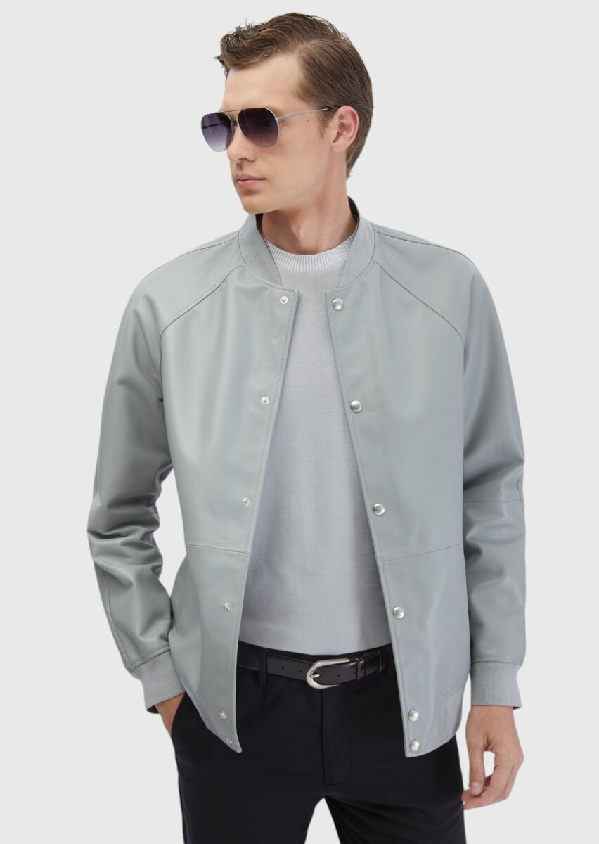 Gri Regular Fit Dik Yaka Casual Koyun Derisi Deri Mont - 1