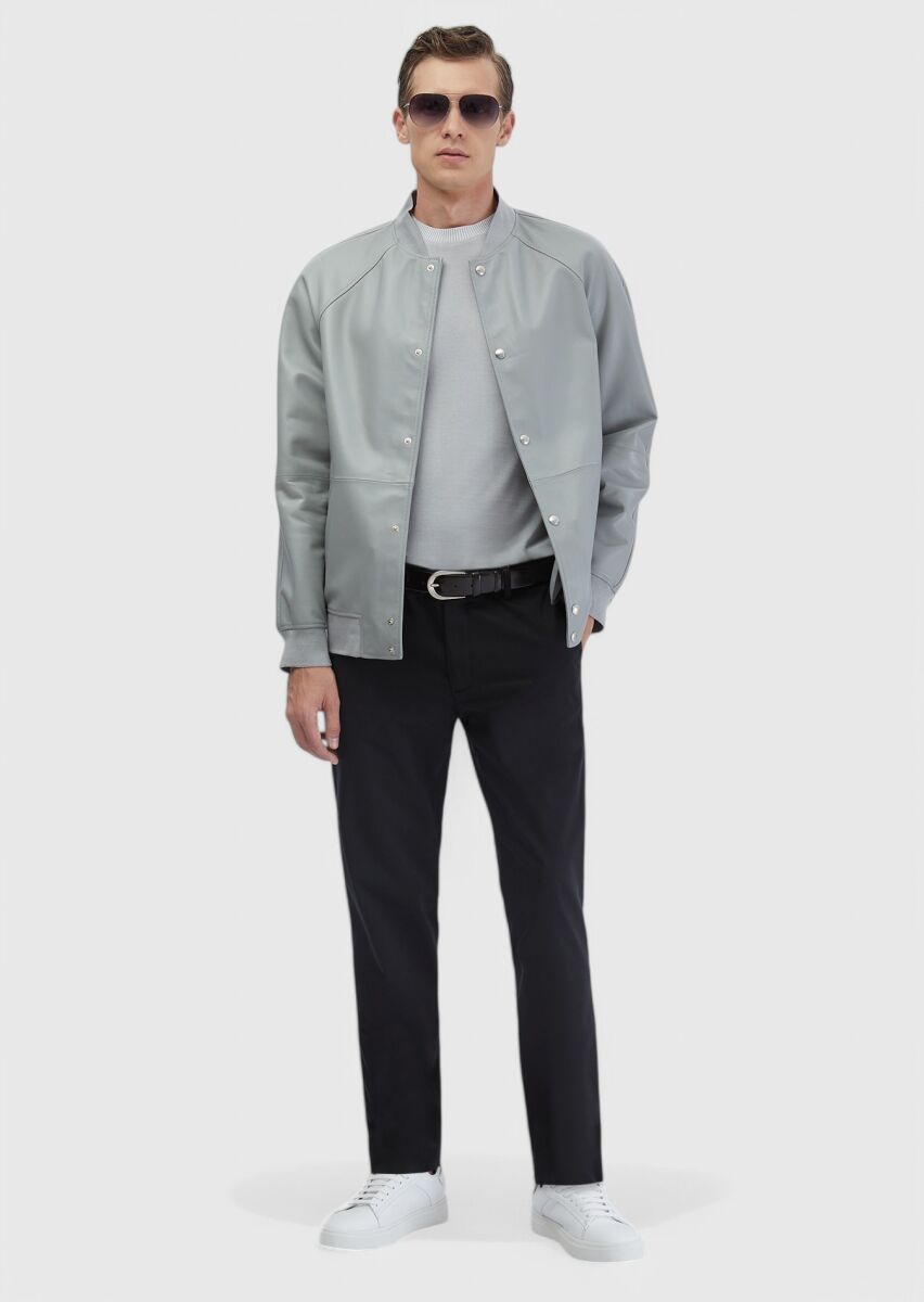 Gri Regular Fit Dik Yaka Casual Koyun Derisi Deri Mont - 2