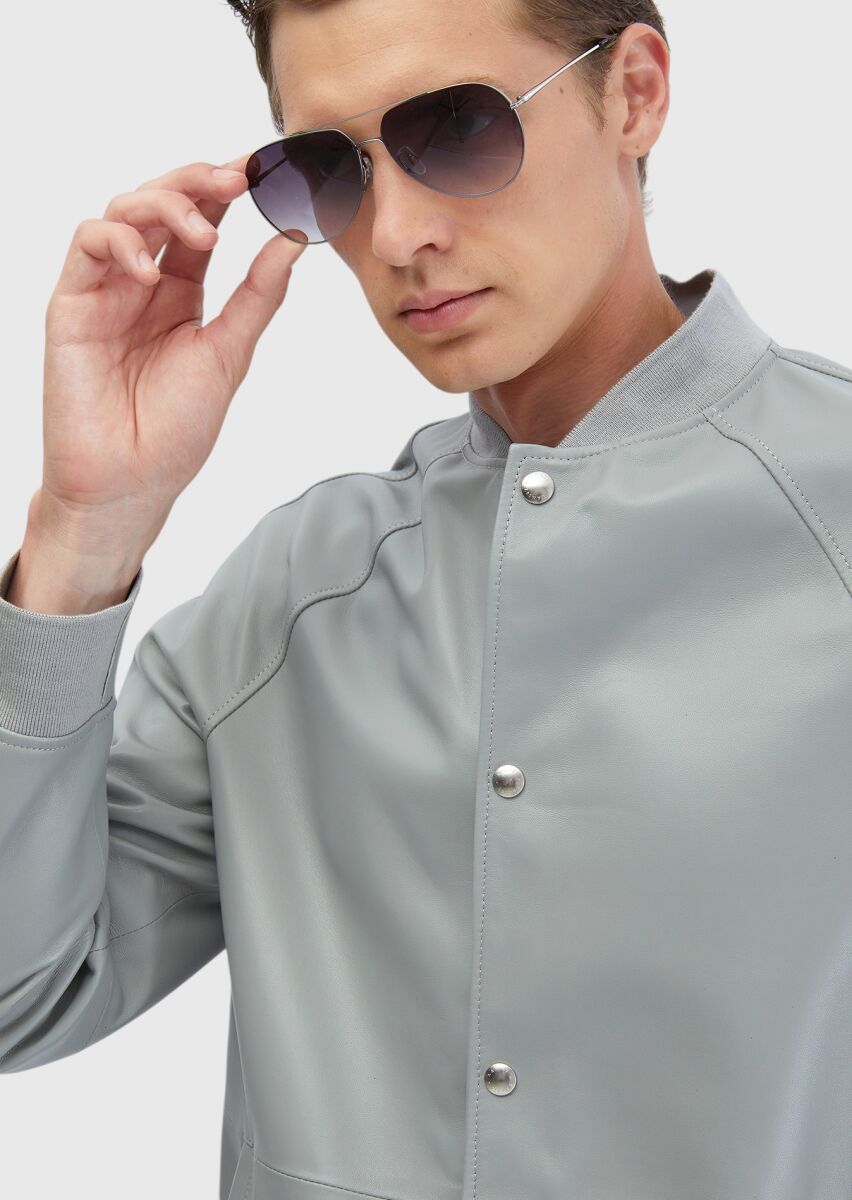 Gri Regular Fit Dik Yaka Casual Koyun Derisi Deri Mont - 4