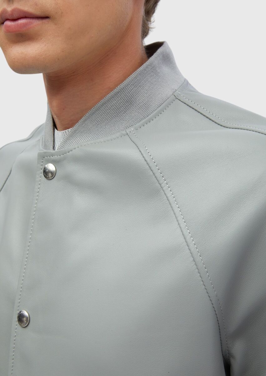 Gri Regular Fit Dik Yaka Casual Koyun Derisi Deri Mont - 5